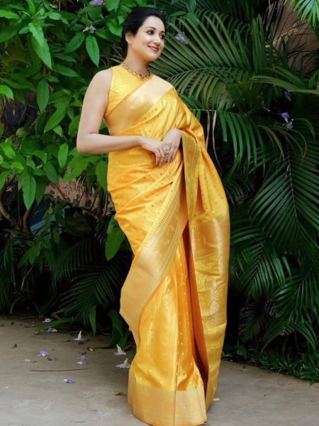 Yellow Color Organic Banarasi Lichi Silk Saree  Banarasi Saree Wholesale