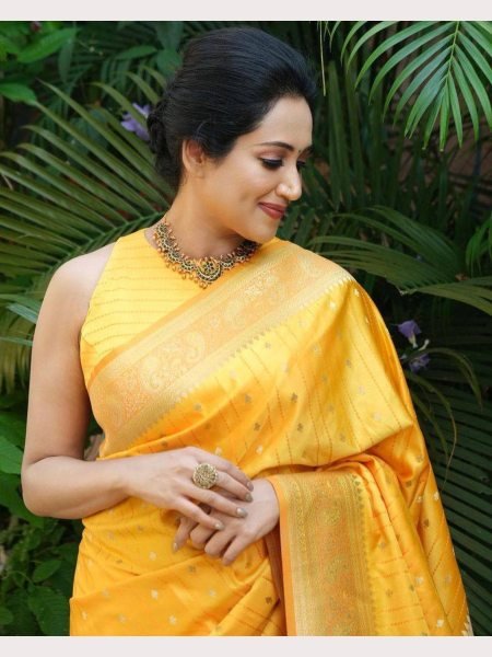 Yellow Color Organic Banarasi Lichi Silk Saree  Banarasi Saree Wholesale