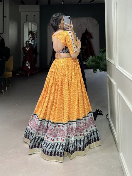 Yellow Color Rayon Bandhej Print Navratri Lehenga Choli Set Navratri Lehnega Choli