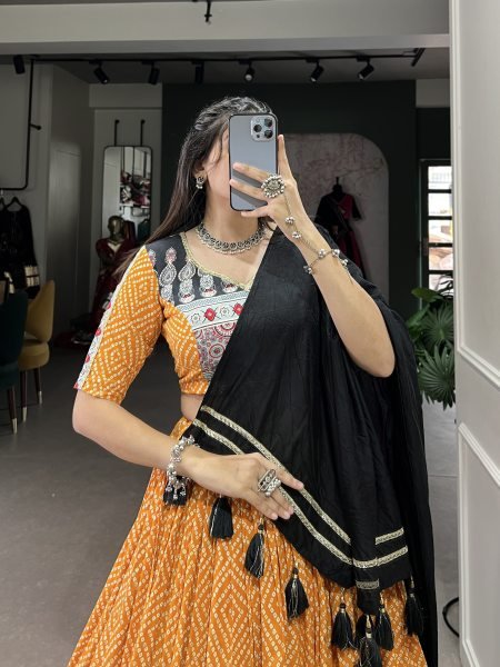 Yellow Color Rayon Bandhej Print Navratri Lehenga Choli Set Navratri Lehnega Choli