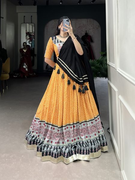 Yellow Color Rayon Bandhej Print Navratri Lehenga Choli Set Navratri Lehnega Choli