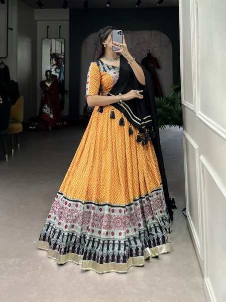 Yellow Color Rayon Bandhej Print Navratri Lehenga Choli Set Navratri Lehnega Choli