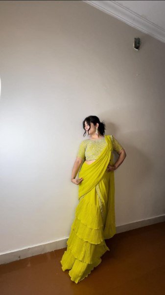 Yellow Color Ruffel Georgette Ready To Wear Saree Collection by Royal Export Ready To Wear Saree 