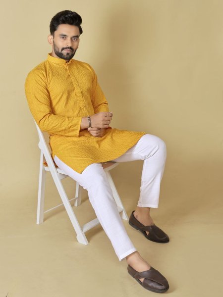 Yellow Cotton Kurta with Self Design Ideal Ethnic Wear for Haldi Events at Bulk Price Kurta Pajama Wholesale