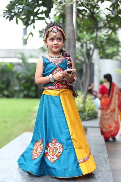 Yellow Designer Roman Silk Kids Navratri Lehenga Choli Festive Special Wear Girls Wear