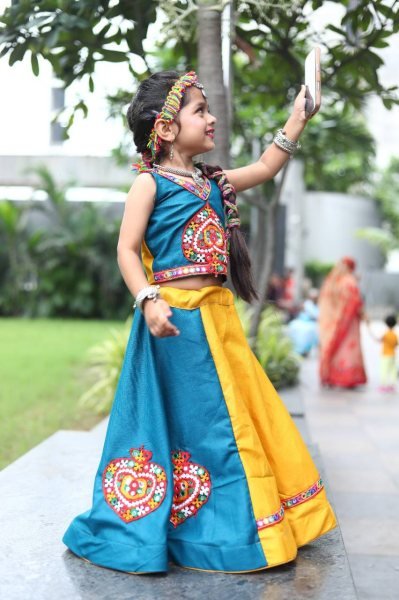 Yellow Designer Roman Silk Kids Navratri Lehenga Choli Festive Special Wear Girls Wear