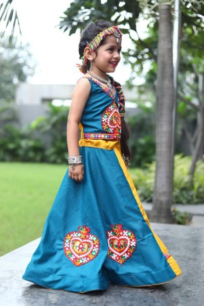 Yellow Designer Roman Silk Kids Navratri Lehenga Choli Festive Special Wear Girls Wear