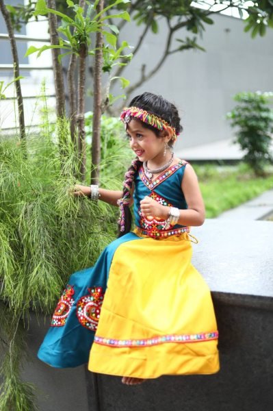 Yellow Designer Roman Silk Kids Navratri Lehenga Choli Festive Special Wear Girls Wear