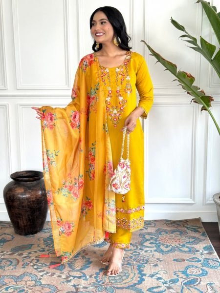 Yellow Embroidered Chanderi Kurta set with pure tebby silk print Dupatta 3 Piece Kurti Set