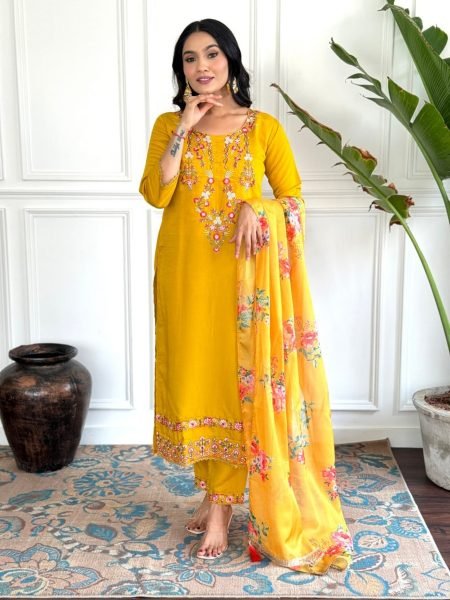 Yellow Embroidered Chanderi Kurta set with pure tebby silk print Dupatta 3 Piece Kurti Set