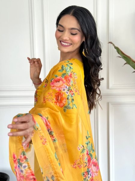 Yellow Embroidered Chanderi Kurta set with pure tebby silk print Dupatta 3 Piece Kurti Set