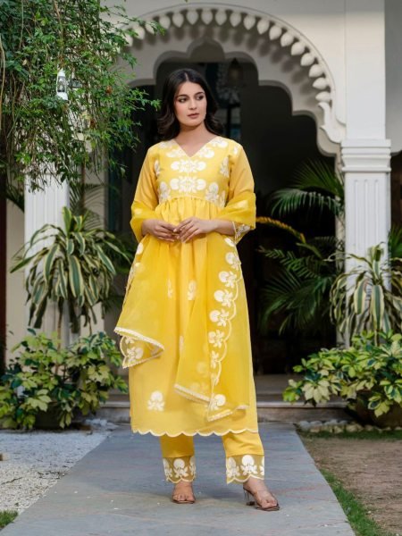 Yellow Floral Embroidered Roman Silk Kurta Set 3 Piece Wedding Special for Resellers at Wholesale Price 
