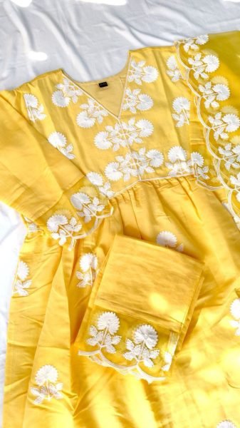Yellow Floral Embroidered Roman Silk Kurta Set 3 Piece Wedding Special for Resellers at Wholesale Price 3 Piece Kurti Set