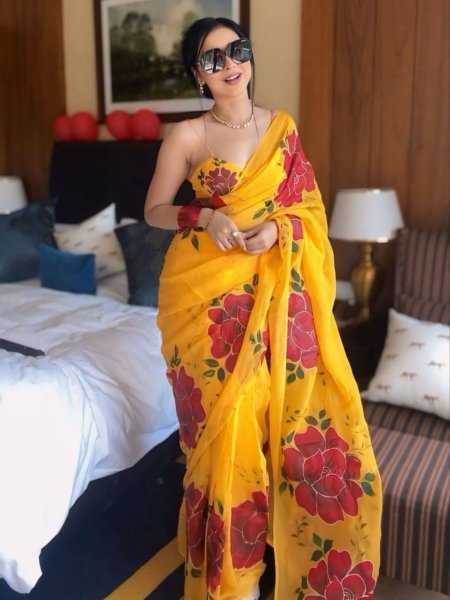 Yellow Flower Print Georgette Silk Ready To Wear Saree  Ready To Wear Suit