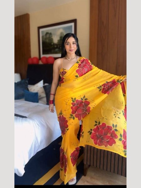 Yellow Flower Print Georgette Silk Ready To Wear Saree  Ready To Wear Saree 