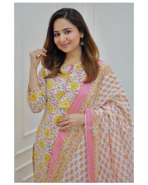 Yellow Flower Print Pure Cotton Kurti Set  3 Piece Kurti Set