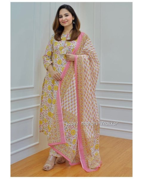 Yellow Flower Print Pure Cotton Kurti Set  3 Piece Kurti Set