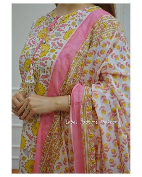 Yellow Flower Print Pure Cotton Kurti Set  3 Piece Kurti Set