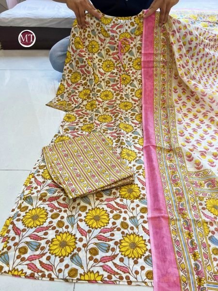 Yellow Flower Print Pure Cotton Kurti Set  3 Piece Kurti Set