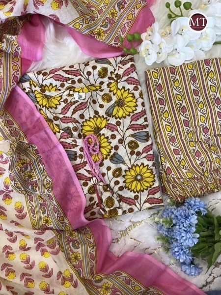 Yellow Flower Print Pure Cotton Kurti Set  3 Piece Kurti Set