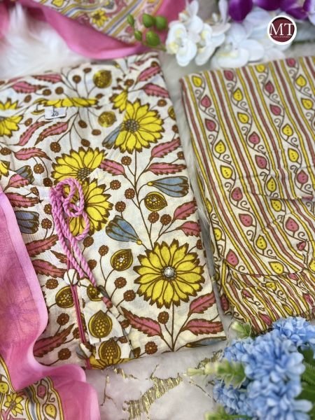 Yellow Flower Print Pure Cotton Kurti Set  3 Piece Kurti Set