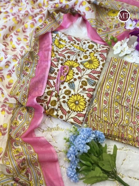 Yellow Flower Print Pure Cotton Kurti Set  3 Piece Kurti Set