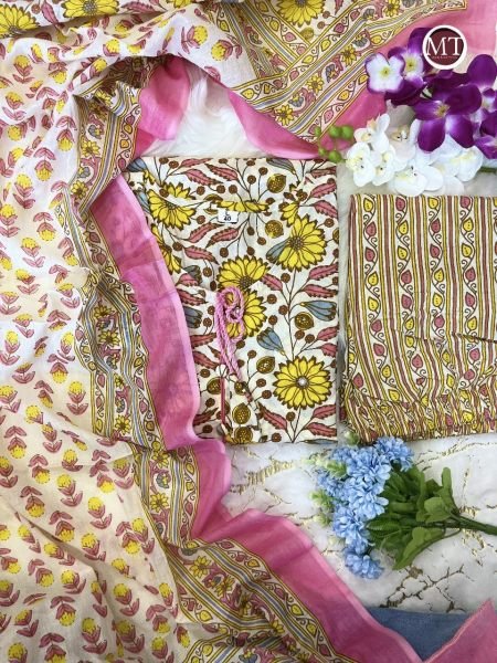 Yellow Flower Print Pure Cotton Kurti Set  3 Piece Kurti Set