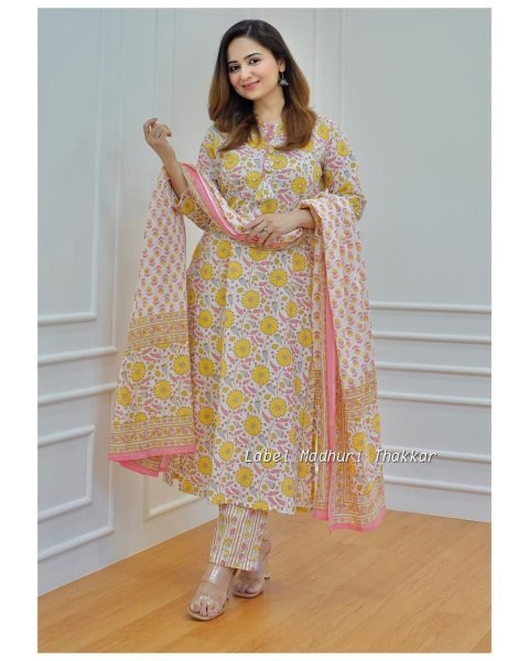 Yellow Flower Print Pure Cotton Kurti Set  3 Piece Kurti Set