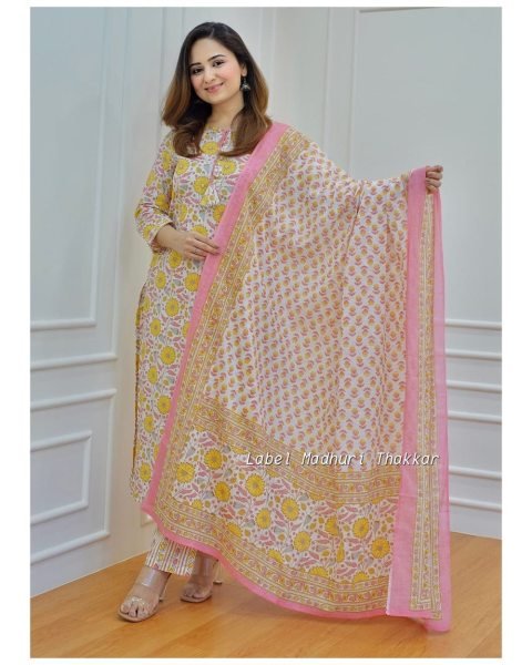 Yellow Flower Print Pure Cotton Kurti Set  3 Piece Kurti Set