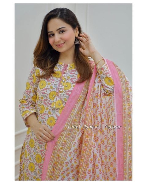 Yellow Flower Print Pure Cotton Kurti Set  3 Piece Kurti Set