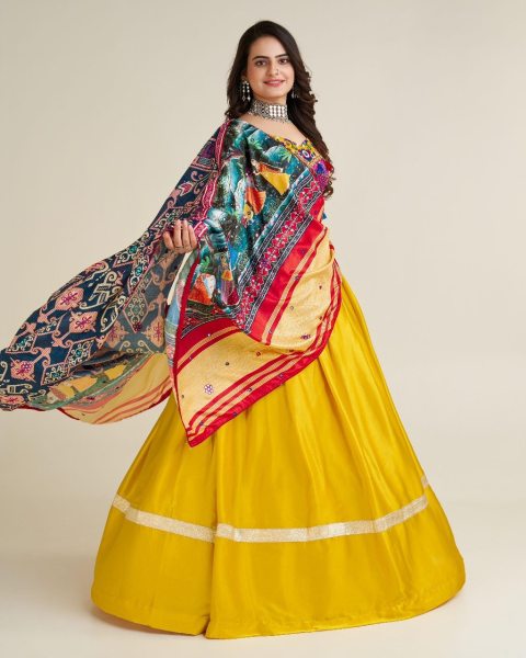 Yellow Gamthi Work Navratri Lehenga Choli Navratri Lehnega Choli