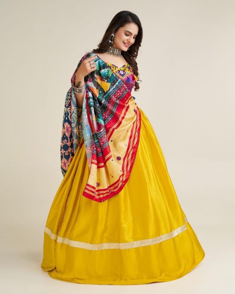 Yellow Gamthi Work Navratri Lehenga Choli Navratri Lehnega Choli