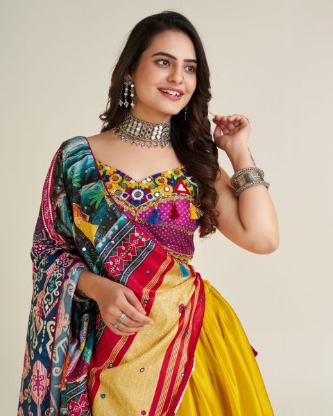 Yellow Gamthi Work Navratri Lehenga Choli Navratri Lehnega Choli