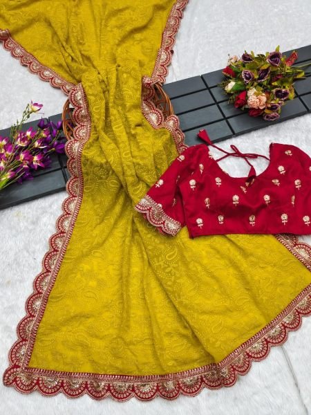 Yellow Georgette Chikankari Saree with Zari Work  Perfect Haldi Ceremony Outfit Georgette Sarees Wholesale