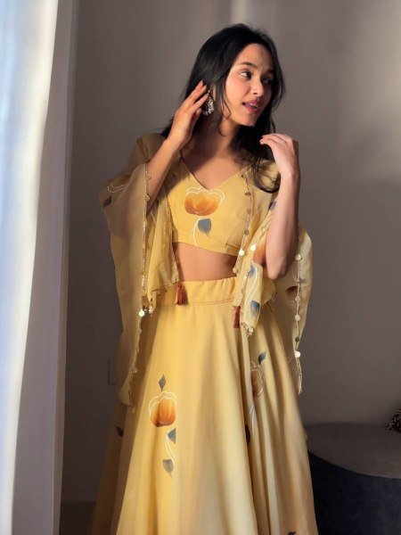 Yellow Georgette Lehenga with Jacket and Blouse Handpainted Design Designer Lehenga Choli