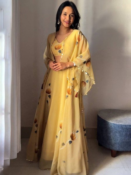 Yellow Georgette Lehenga with Jacket and Blouse Handpainted Design Designer Lehenga Choli