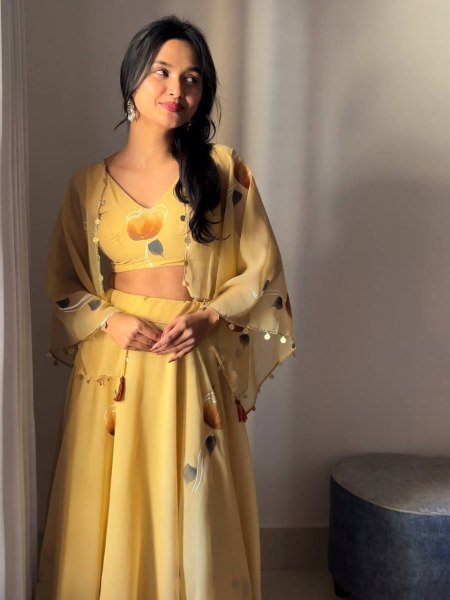 Yellow Georgette Lehenga with Jacket and Blouse Handpainted Design Designer Lehenga Choli