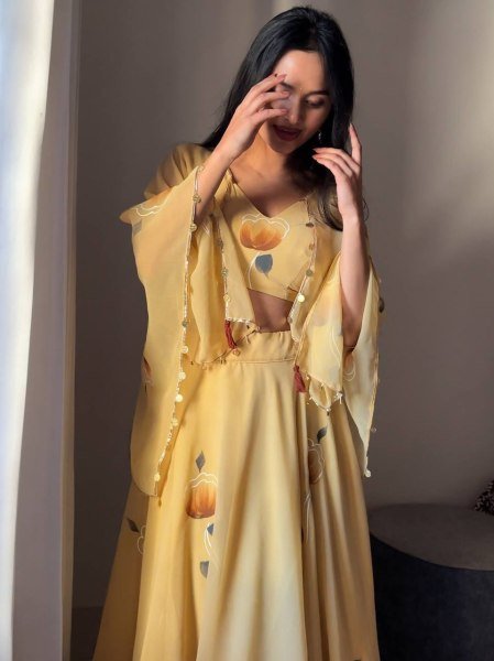 Yellow Georgette Lehenga with Jacket and Blouse Handpainted Design Designer Lehenga Choli