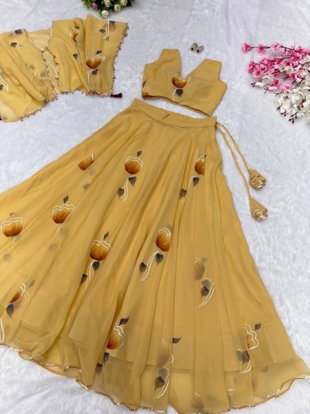 Yellow Georgette Lehenga with Jacket and Blouse Handpainted Design Designer Lehenga Choli