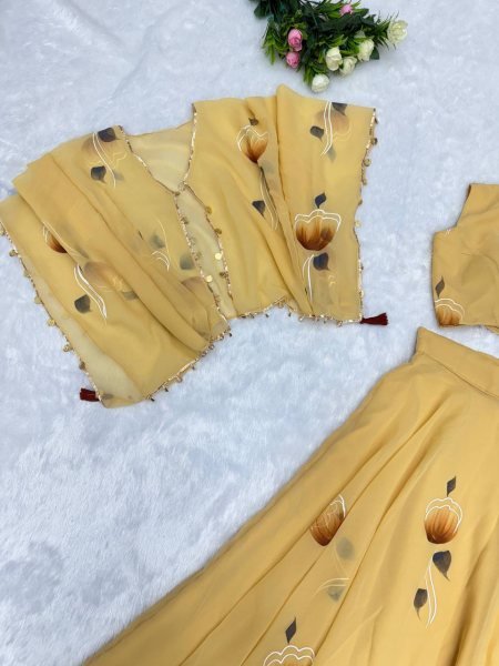 Yellow Georgette Lehenga with Jacket and Blouse Handpainted Design Designer Lehenga Choli
