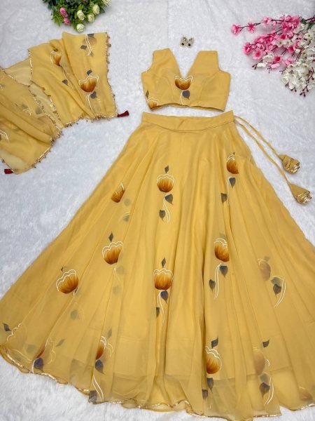 Yellow Georgette Lehenga with Jacket and Blouse Handpainted Design Designer Lehenga Choli