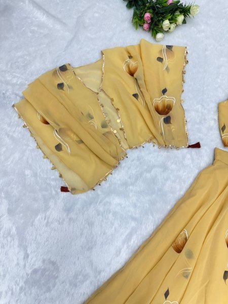 Yellow Georgette Lehenga with Jacket and Blouse Handpainted Design Designer Lehenga Choli