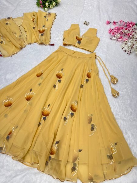 Yellow Georgette Lehenga with Jacket and Blouse Handpainted Design Designer Lehenga Choli