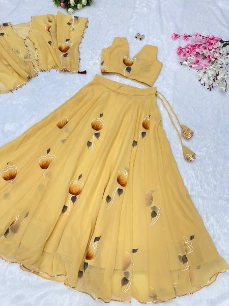 Yellow Georgette Lehenga with Jacket and Blouse Handpainted Design Designer Lehenga Choli