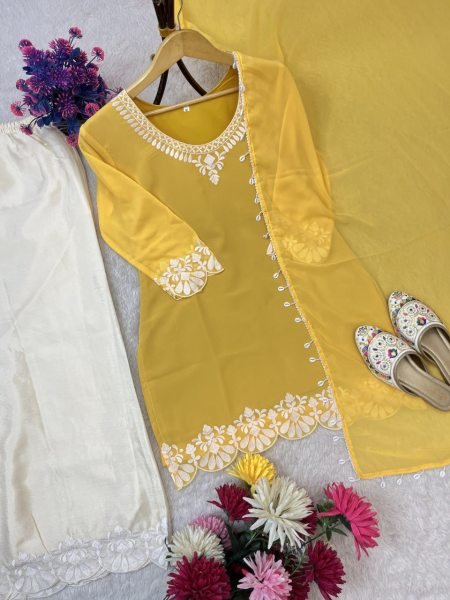 Yellow Georgette Palazzo Suit with Thread Embroidery and Lace Dupatta Perfect for Festive Celebrations Ready To Wear Collection