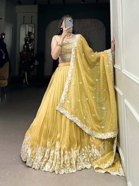 Yellow Gold Crush Sequence   Thread Embroidery Lehenga Choli For Women Designer Lehenga Choli
