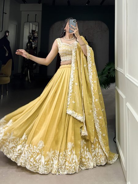 Yellow Gold Crush Sequence   Thread Embroidery Lehenga Choli For Women Designer Lehenga Choli