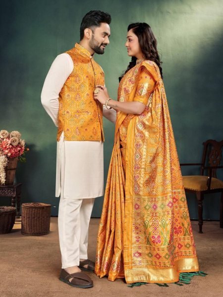 Yellow Haldi Couple Outfit Set Traditional Indian Saree with Mens Kurta Pajama   Jacquard Silk Jacket Online Shopping