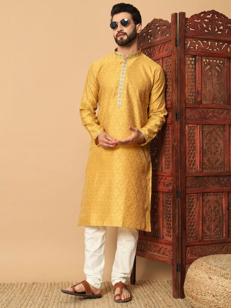 Yellow Jacquard Kurta Pyjama with Embroidery Patti and Fancy Button  Mens Wear