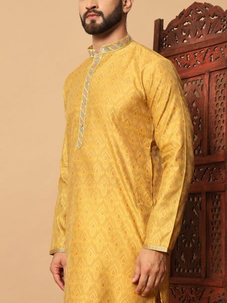 Yellow Jacquard Kurta Pyjama with Embroidery Patti and Fancy Button  Kurta Pajama Wholesale